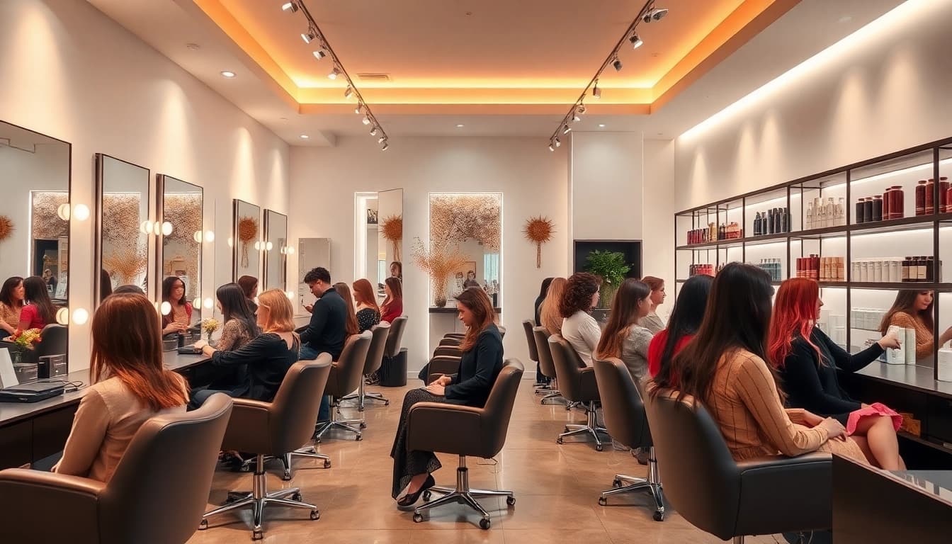 Stylish hair salon featuring modern decor, professional stylists, and diverse clients enjoying 헤어샵 services.