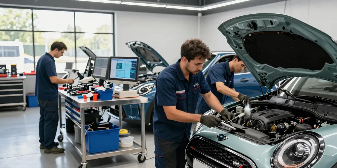 BMW Spezialisten, die Fahrzeuge in einer professionellen Werkstattumgebung reparieren, mit fachkundigen Mechanikern und hochmodernen Geräten.