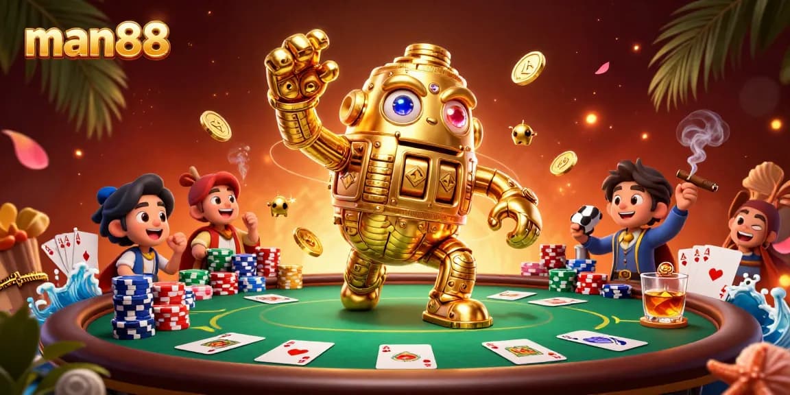 Spin the reels with man88 in this vibrant, dynamic casino scene featuring poker elements.