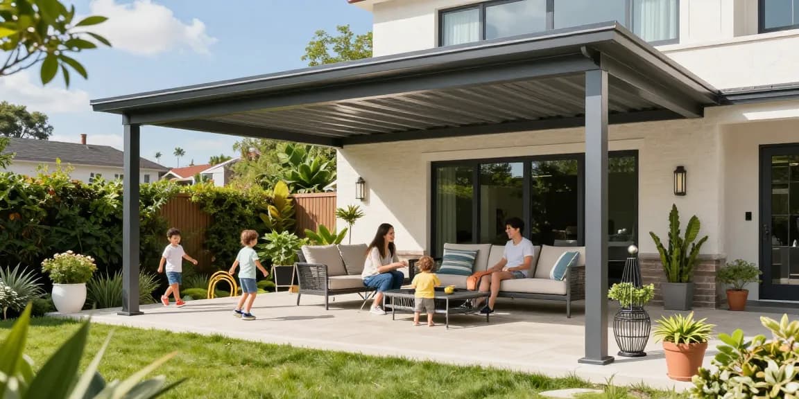 Moderne Terrassenüberdachungen mit Familie in einem einladenden Garten.