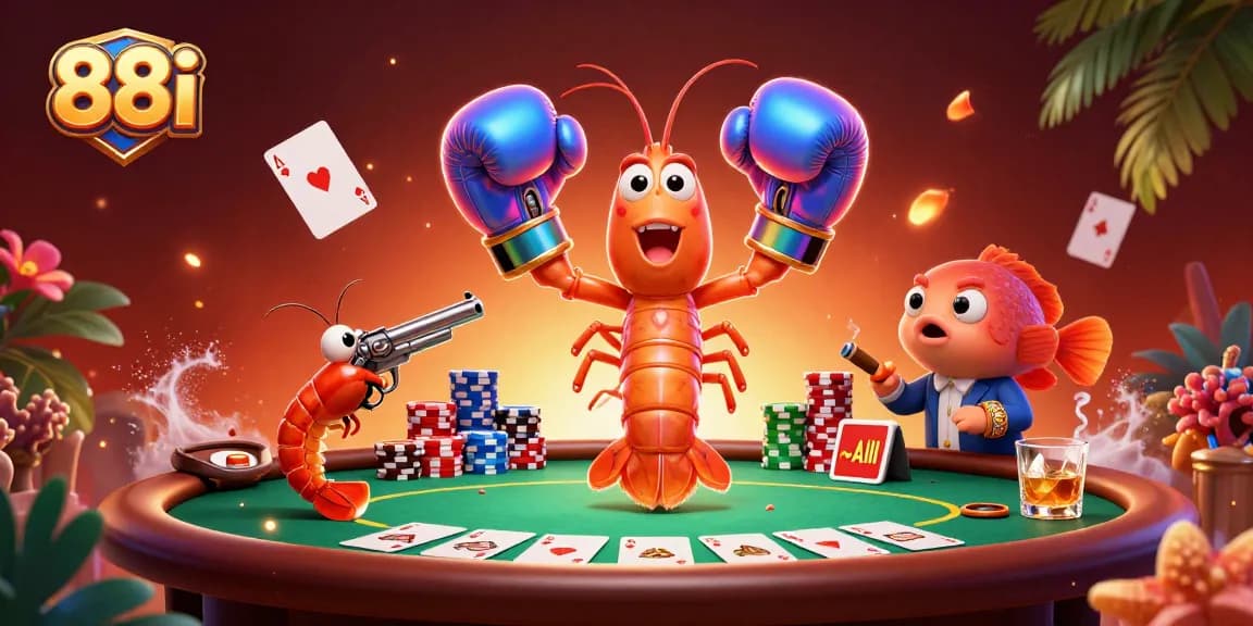 Engage in an electrifying poker game with 88i's animated characters, showcasing vibrant chips and community cards.
