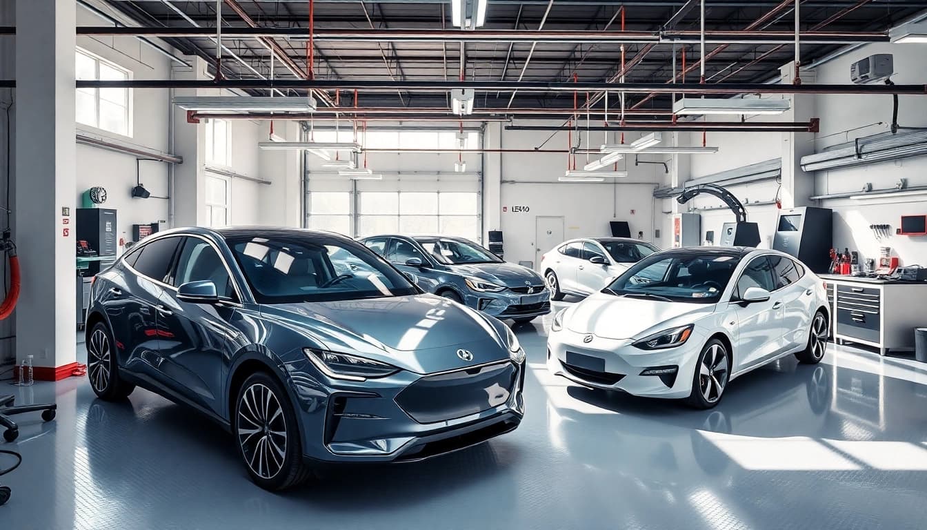 Elektroautos in einer modernen Garage mit professionellem Setup und gutem Licht.