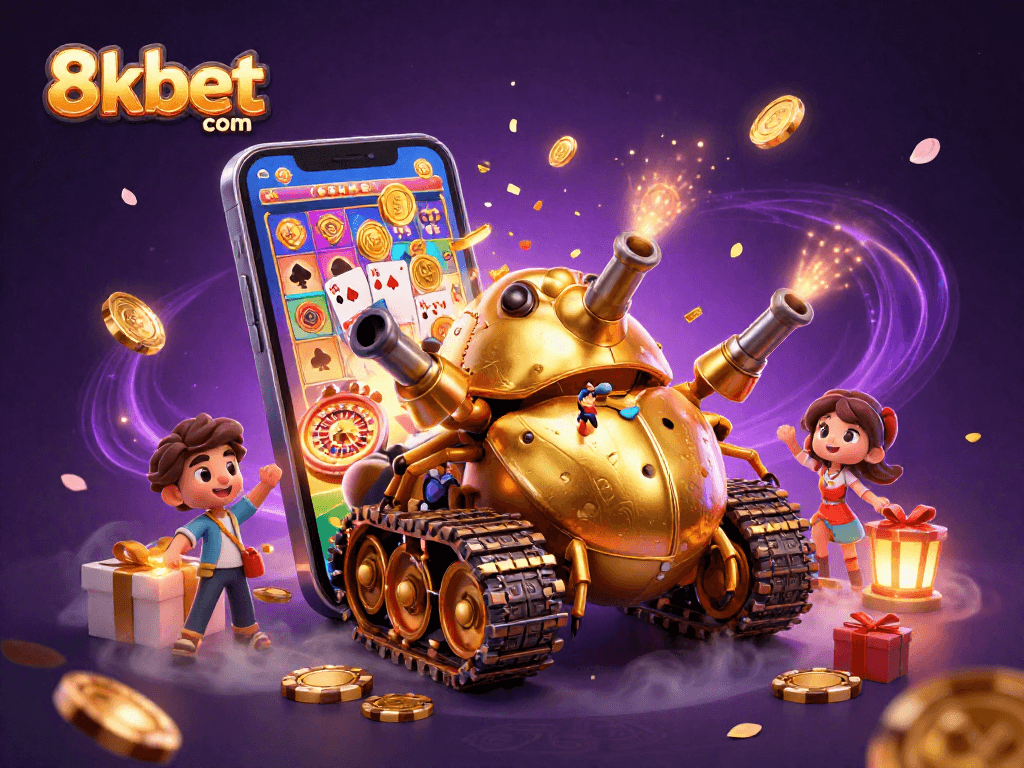 Engage with 8xbet com in a vibrant scene with a golden beetle casino tank, colorful slot games, and dynamic gambling elements.