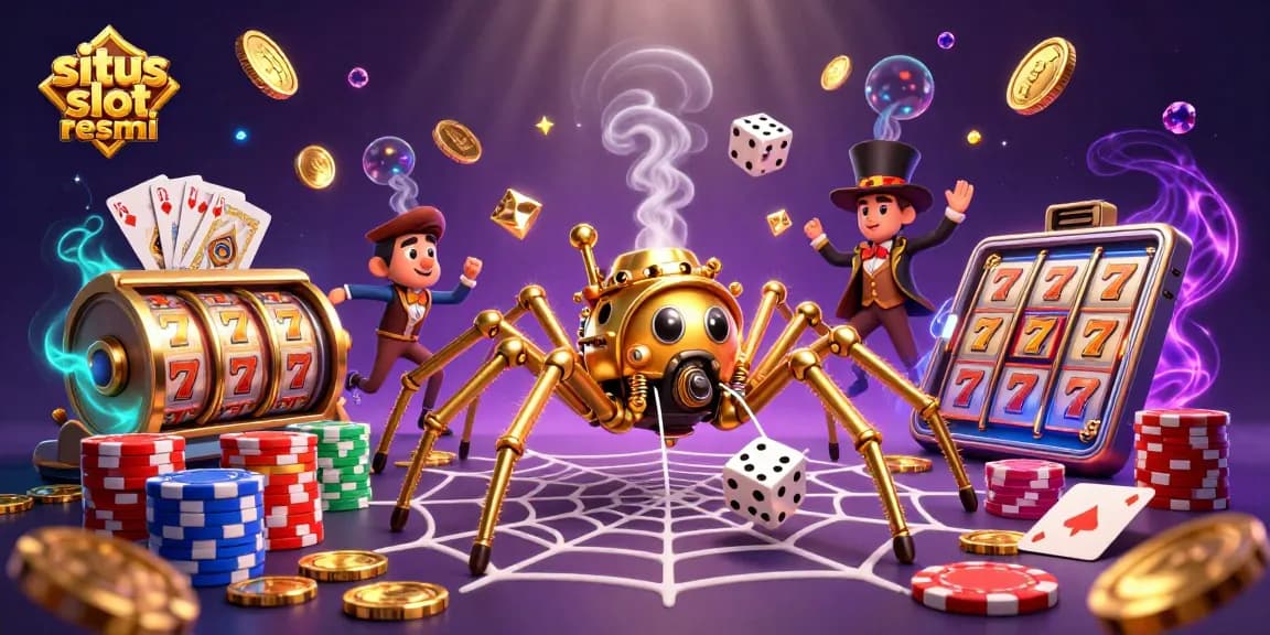 Catching lucky wins at situs slot resmi with a steampunk spider and Victorian-era fly in a vibrant casino scene