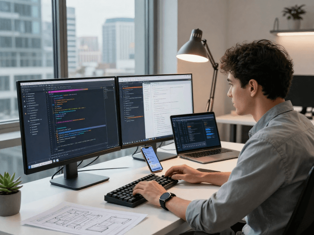 Innovative tech workspace featuring a developer at dual monitors showcasing http://debet-app.com design and code.