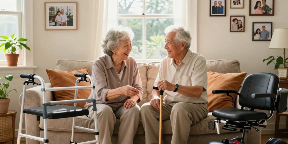Buy nobility aids such as walkers and scooters to enhance daily living for seniors in a cozy home setting.