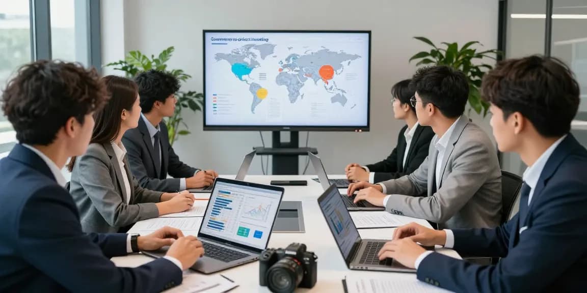 Team discussing worldwide commercial project funding strategies in a modern office.