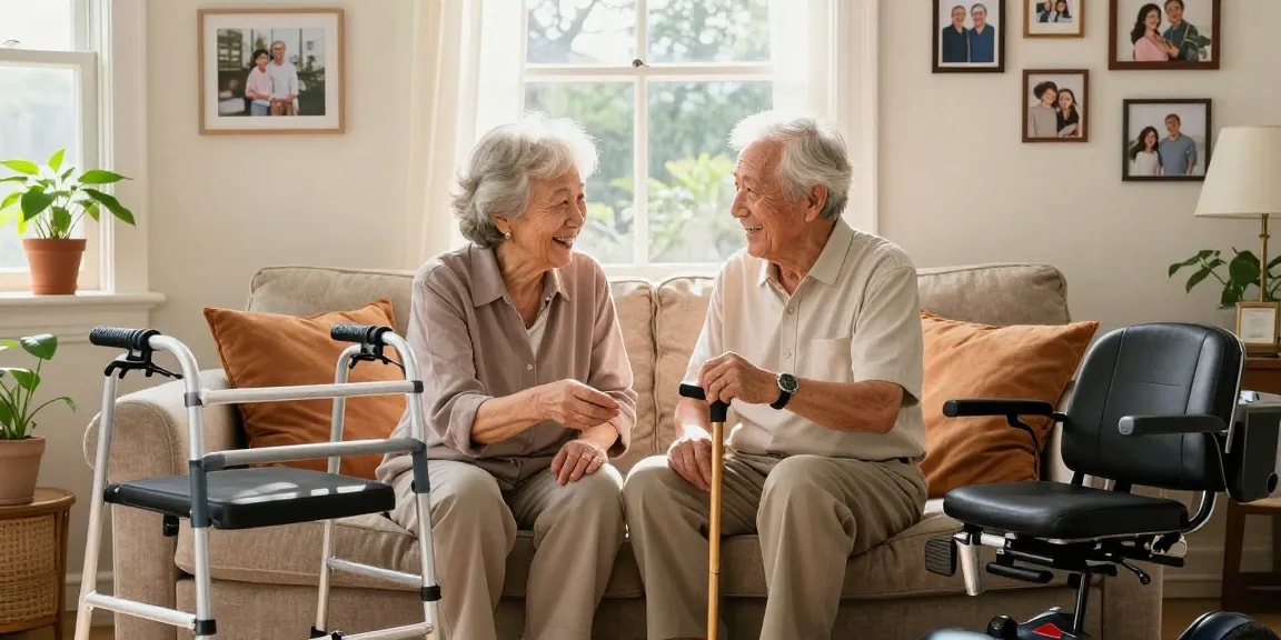 Buy nobility aids such as walkers and scooters to enhance daily living for seniors in a cozy home setting.