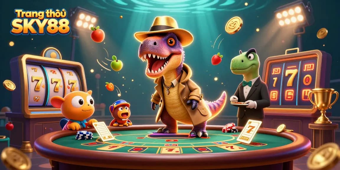 Engage with Trang chủ SKY88 at a vibrant casino scene featuring dynamic characters and casino elements.
