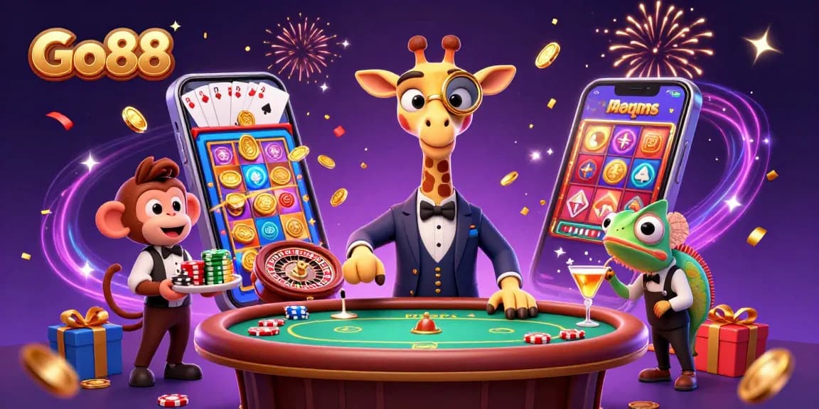 Win big with Go88 at a vibrant casino scene featuring a giraffe, monkey, and chameleon.