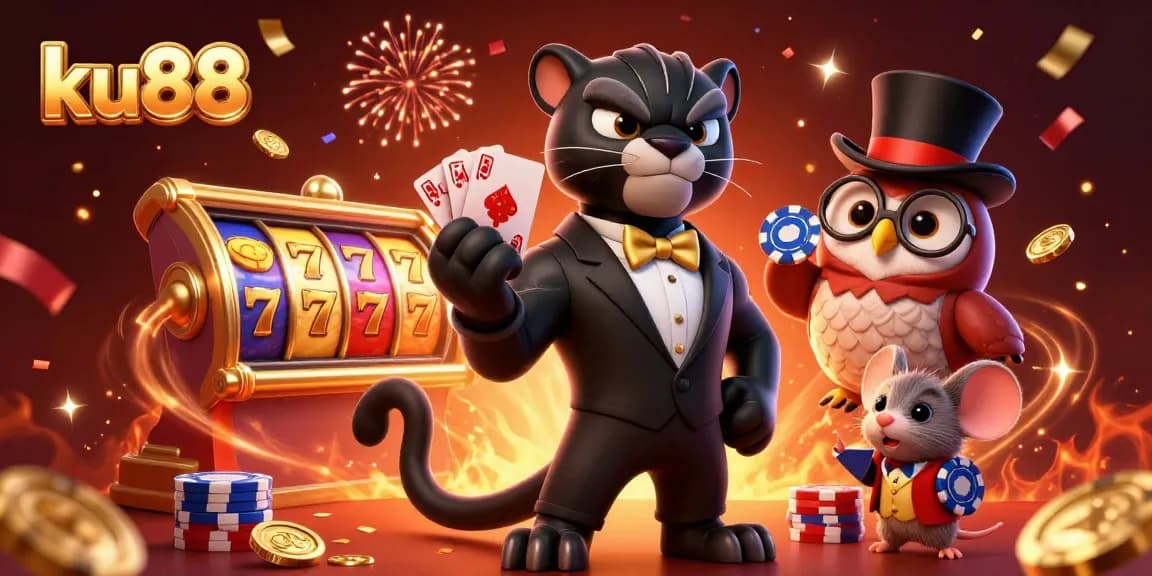 ku88 showcases a stylish panther and cute owl amidst lively card games and vibrant slot reels.