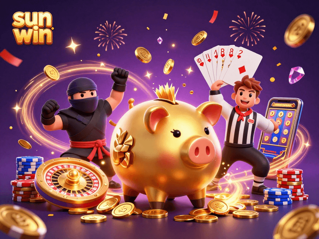 Spin the reels and win with sun win's dynamic casino scene featuring vibrant characters and festive elements.