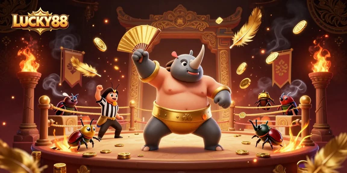LUCKY88 captures thrilling action with a rhinoceros beetle sumo champion stomping coins in a vibrant casino.