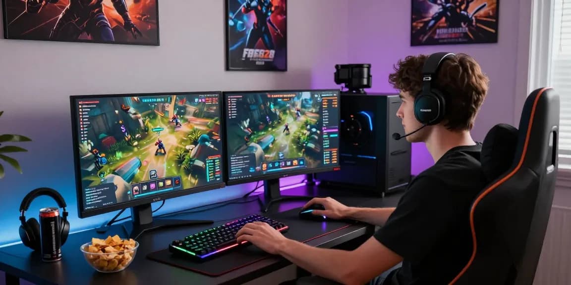Engaged gamer on FAFA828 platform, dynamic gaming setup with colorful monitors and glowing peripherals.