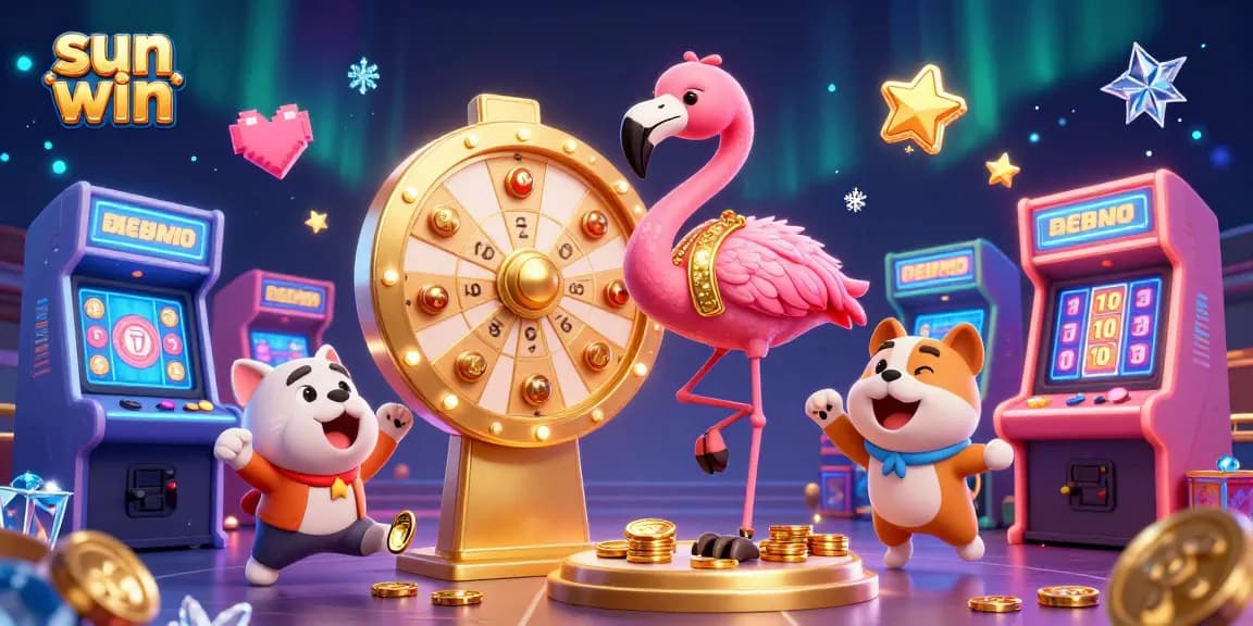 Engage in the excitement of sun win, featuring colorful slot machines, a flamingo host, and gaming elements.