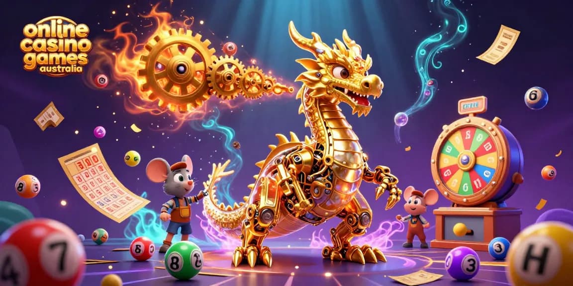 Experience thrilling online casino games Australia featuring a golden dragon, vibrant lottery elements, and dynamic energy.