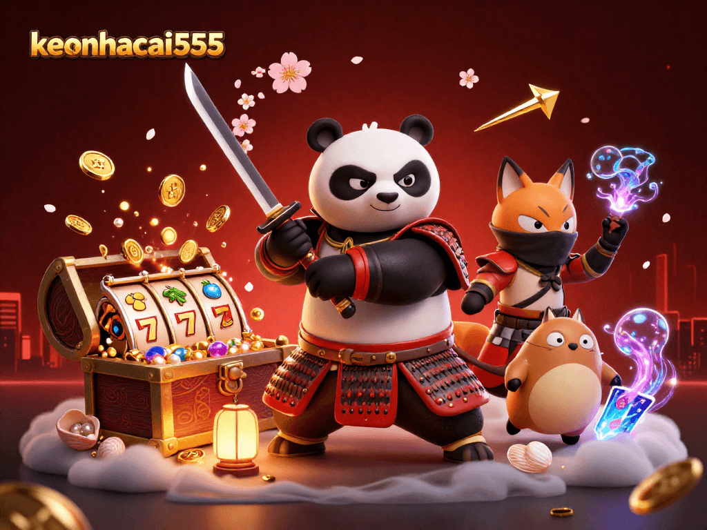 Engage in thrilling gameplay at keonhacai555 with a dynamic scene of cartoon samurai and magical creatures.
