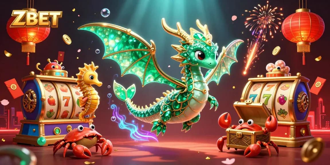 ZBET promotes thrilling slot games with a majestic sea dragon and vibrant casino elements.