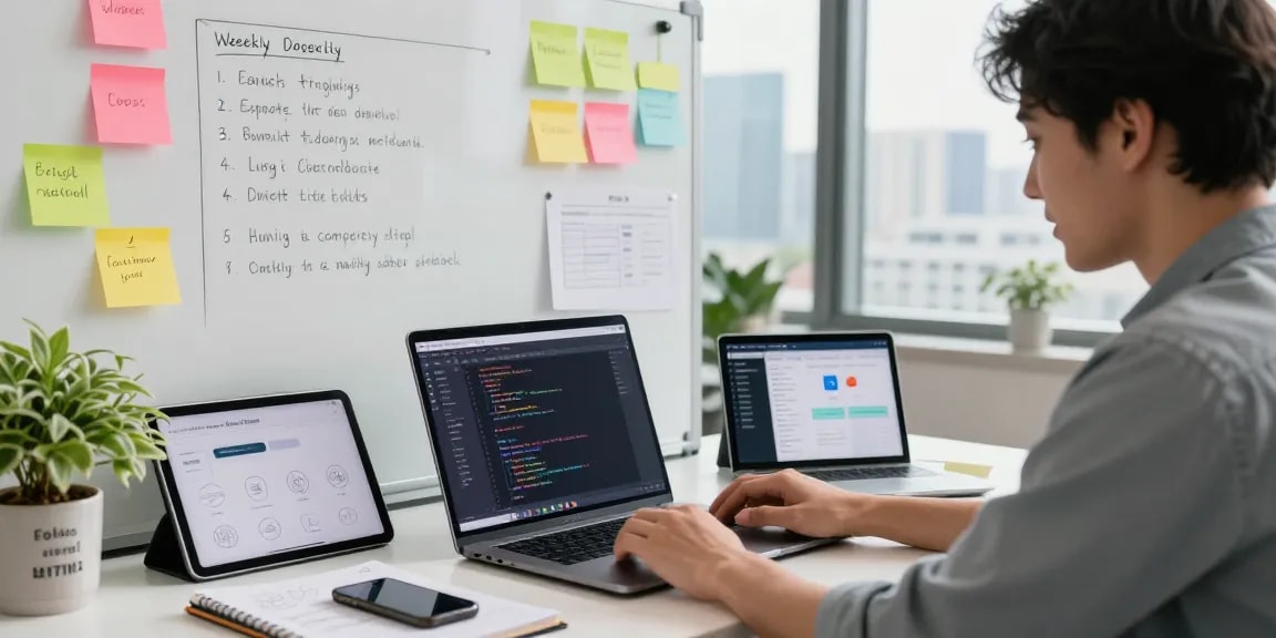Build internal tools with AI in a modern office workspace featuring a developer coding on a laptop surrounded by project notes.