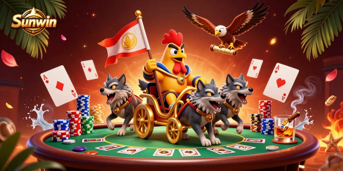 Experience Sunwin's vibrant poker scene with a rooster warlord, wolves, and epic casino elements depicted.