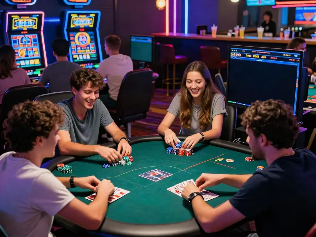Exciting online gaming scene at https://du88az.net/ with players enjoying poker and slots, vibrant atmosphere.