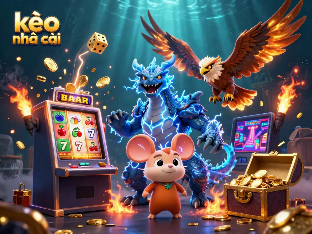 Engage with kèo nhà cái in a dynamic 3D casino scene featuring a thunder dragon and a wind hawk.