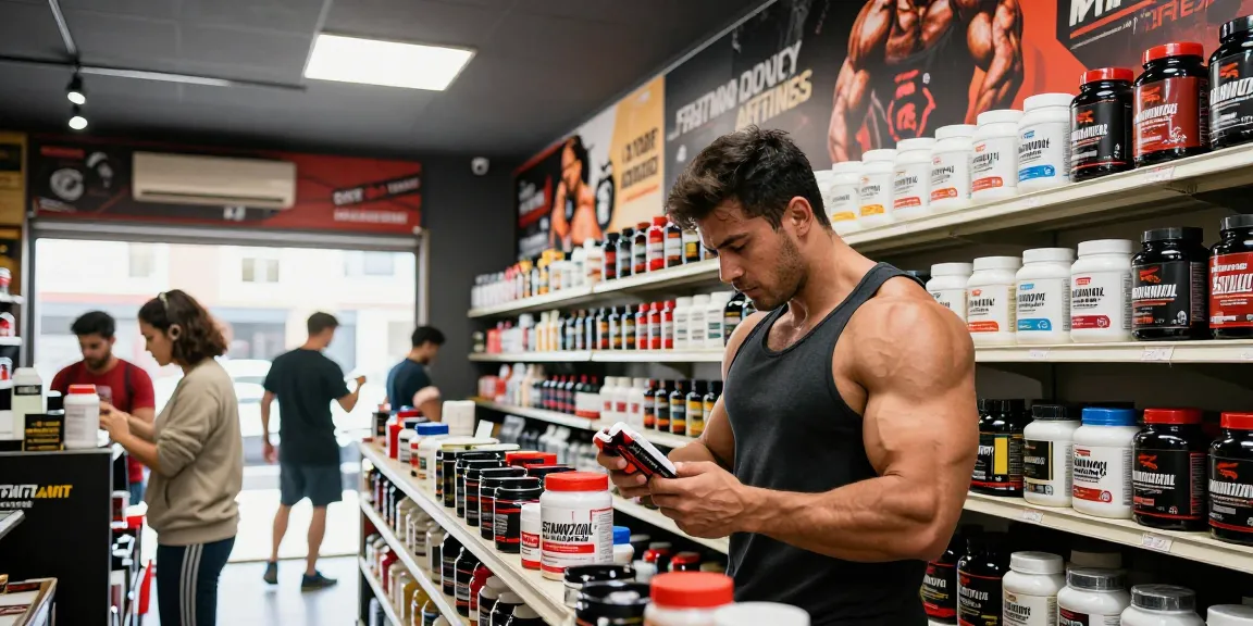 Anabolika Shop mit Produkten für Bodybuilder, Sportler und Muskelaufbau, lebhafte Atmosphäre und Auswahl an Steroiden.