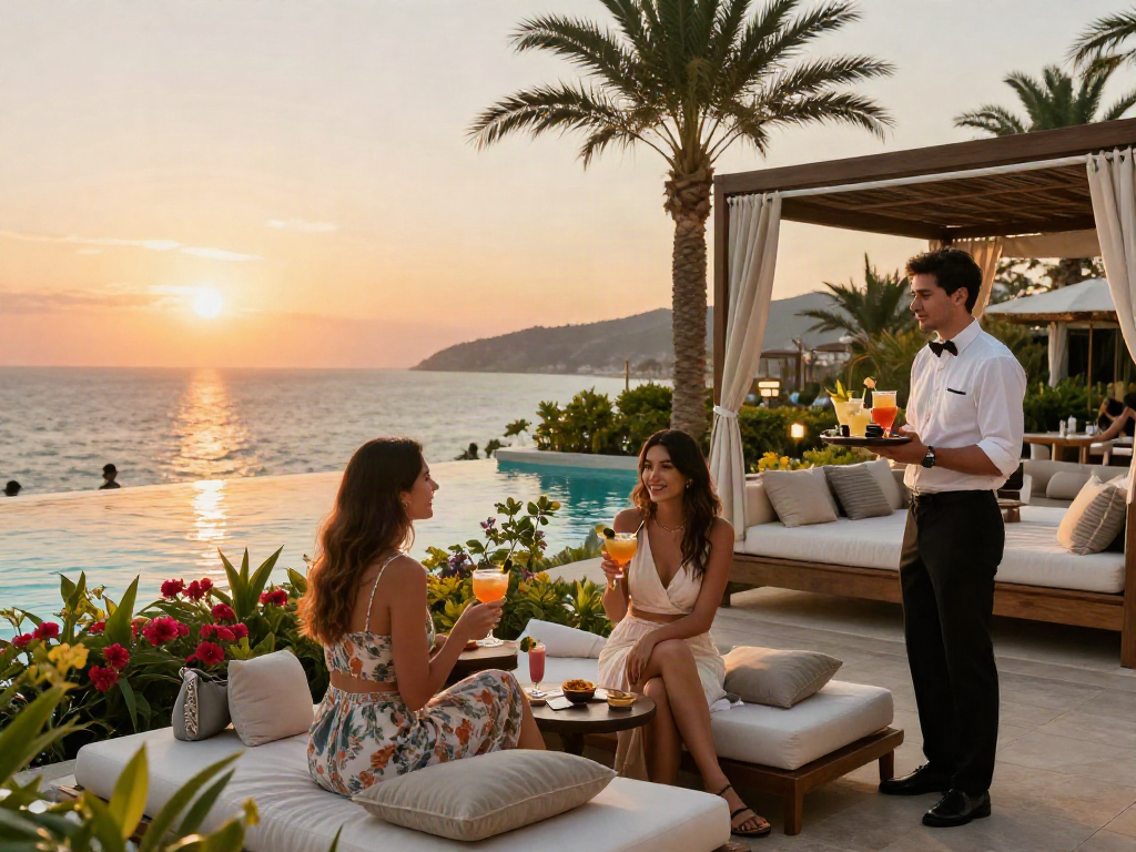 Antalya Eskort social scene at a luxury resort with cocktails and sunset.