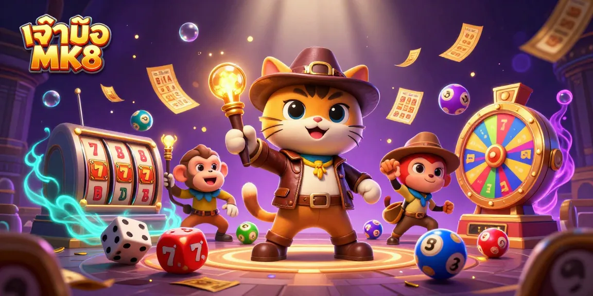 Engage with เจ้ามือ MK8 as the explorer cat finds golden casino artifacts amidst vibrant gambling elements.