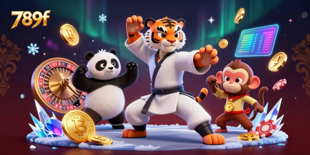 Experience vibrant casino action with 789f featuring a kung fu tiger and playful characters amidst gaming elements.