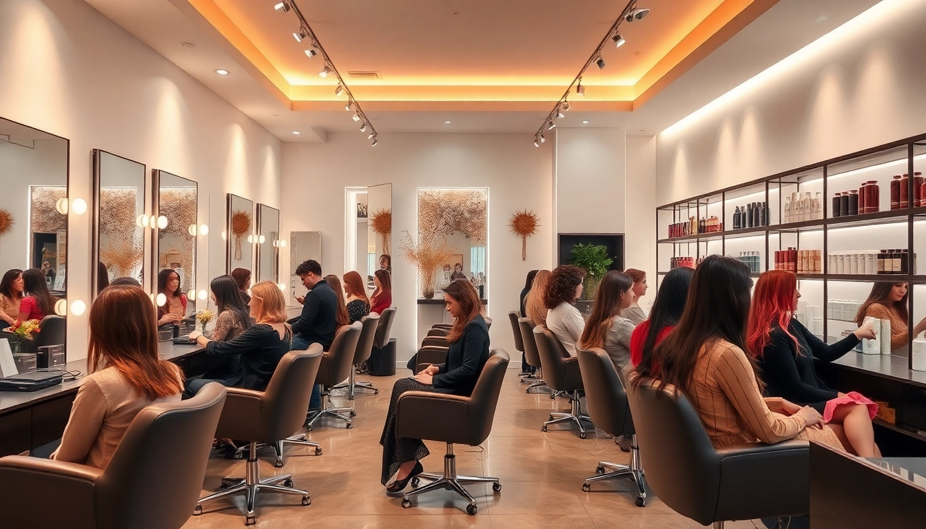 Stylish hair salon featuring modern decor, professional stylists, and diverse clients enjoying 헤어샵 services.