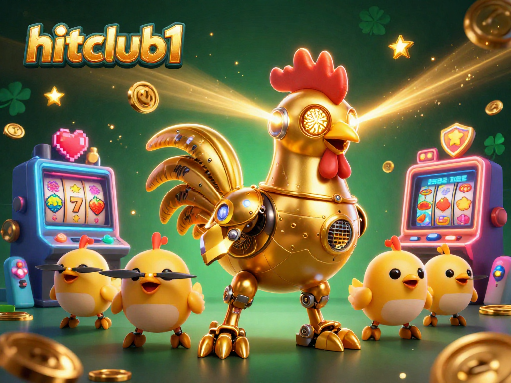 Engage with hitclub1's vibrant world of gaming featuring a golden rooster robot and slot machines.