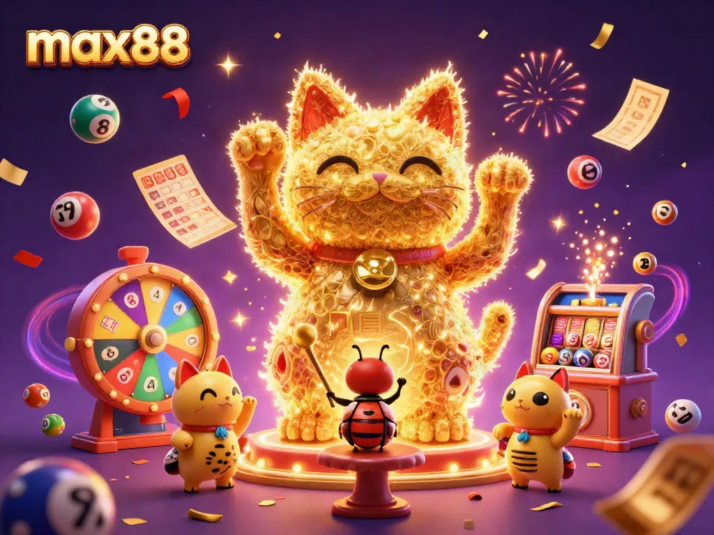 Engage with max88 as golden fireflies form a lucky cat amidst casino elements in a vibrant celebration.