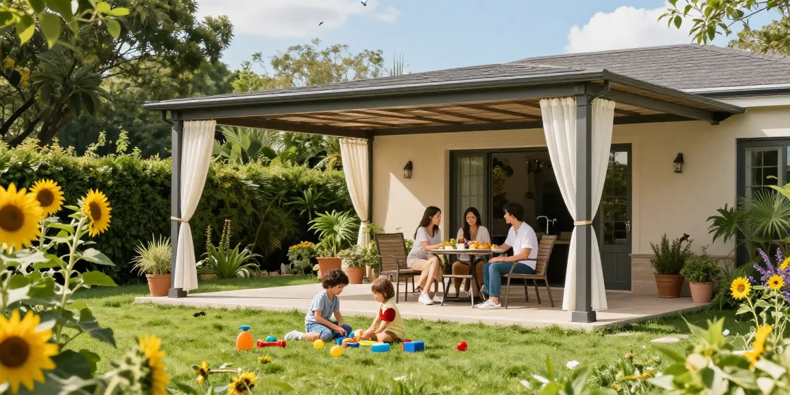 Familie unter einer freistehenden Terrassenüberdachung im Garten, freundliche Atmosphäre und sonniger Tag.