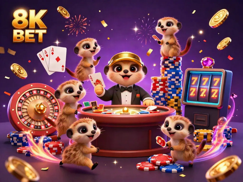Engaging scene of 8K BET with meerkats running a lively casino surrounded by coins and cards.