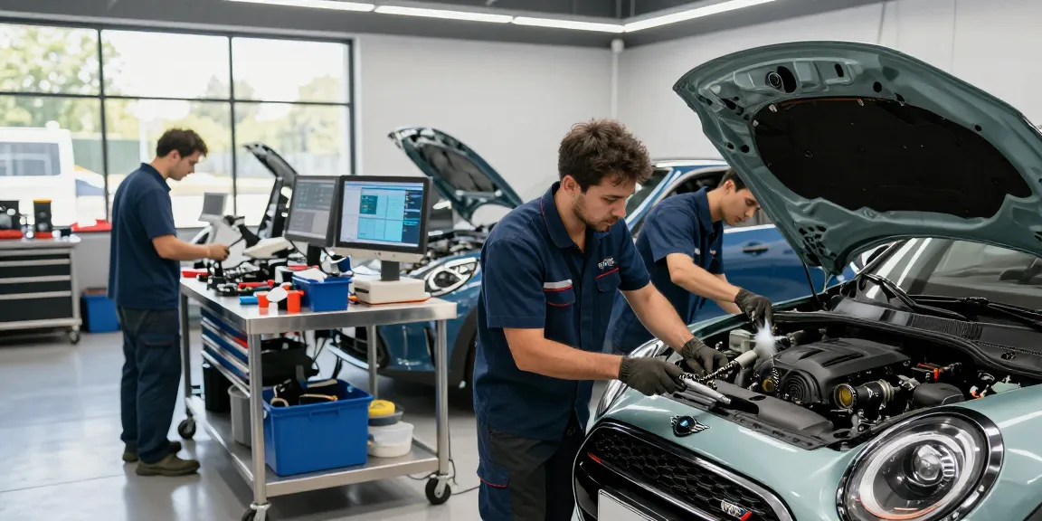 BMW Spezialisten, die Fahrzeuge in einer professionellen Werkstattumgebung reparieren, mit fachkundigen Mechanikern und hochmodernen Geräten.