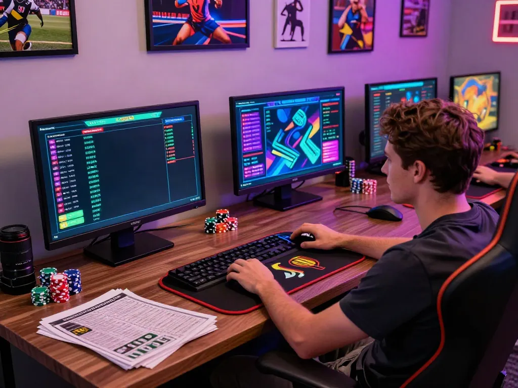 Engaged player exploring Alternatif Bola88 betting options in a vibrant game room