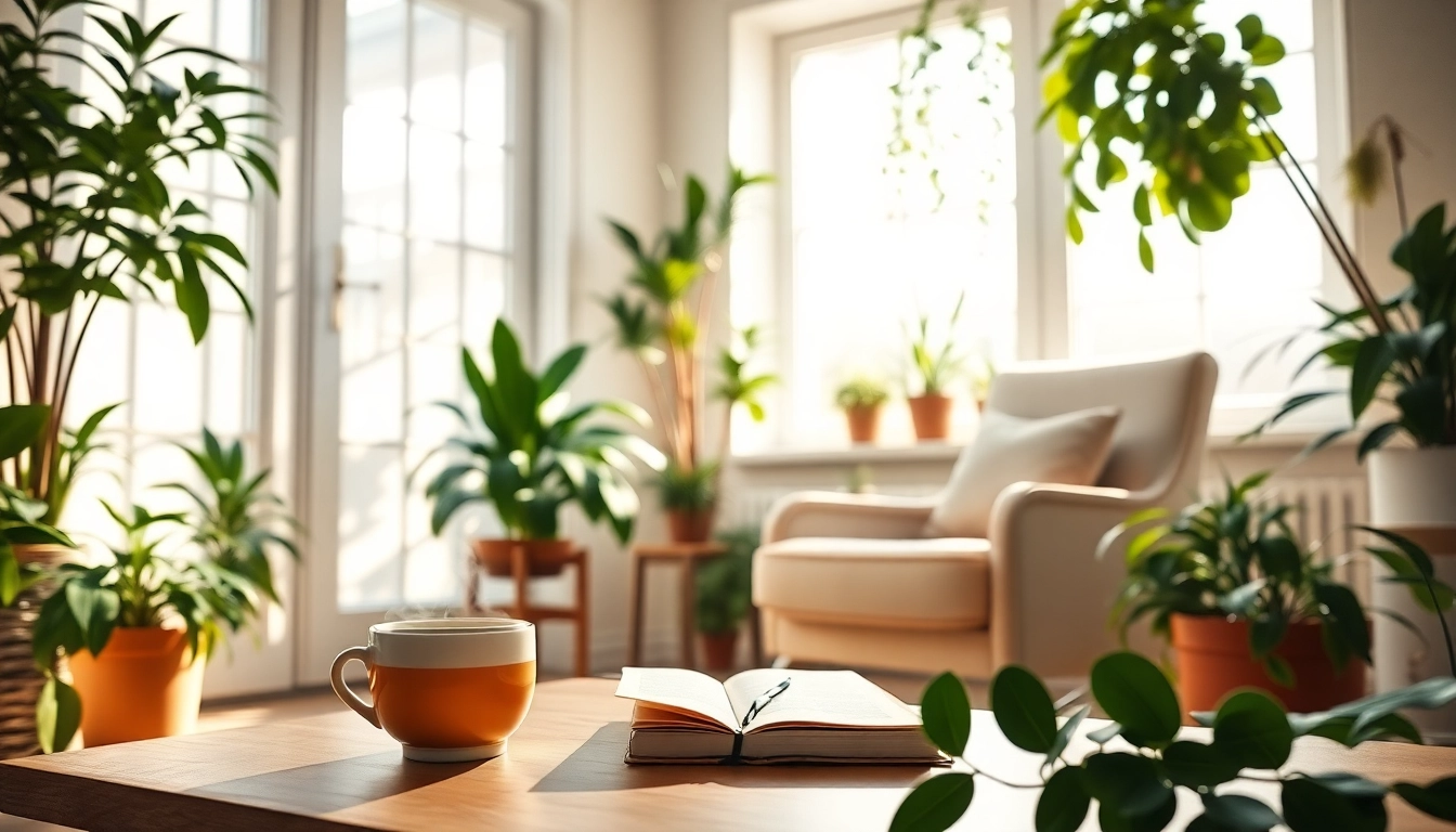 Enhance your emotional wellbeing with a serene space filled with calming plants and inviting decor.