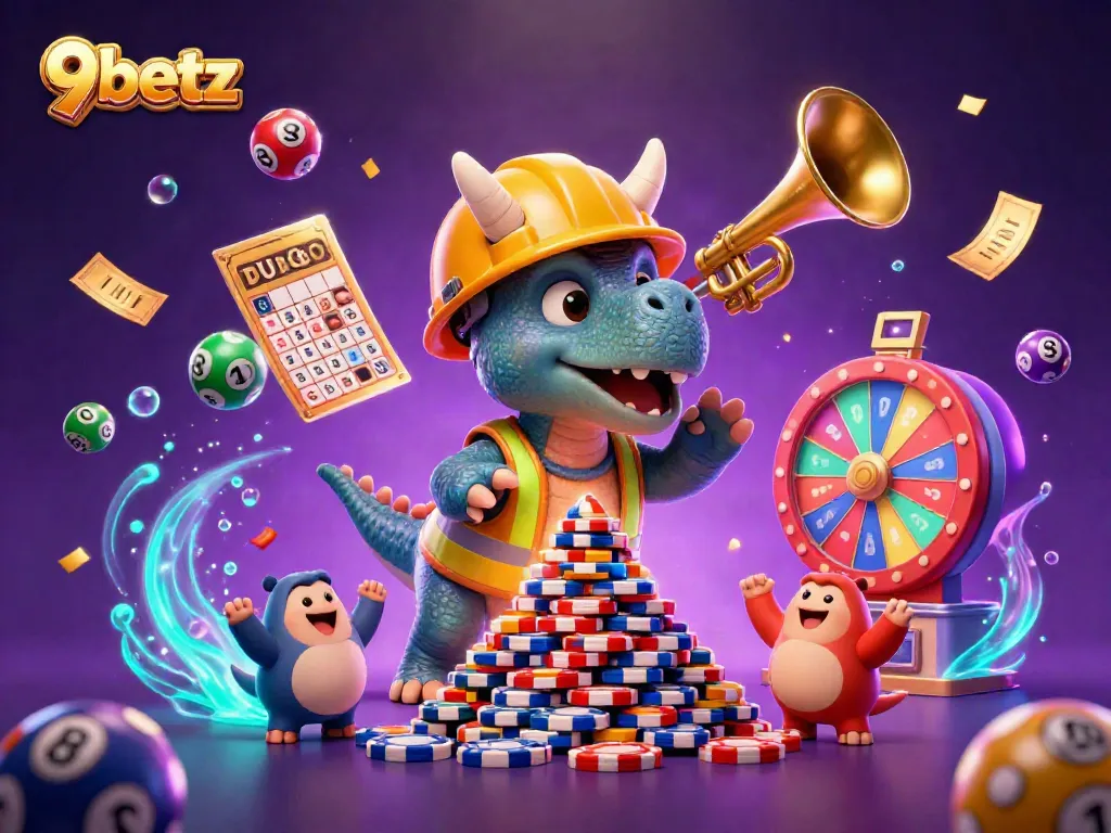 Experience thrilling gaming with 9betz as vibrant lottery balls and poker chips create excitement.
