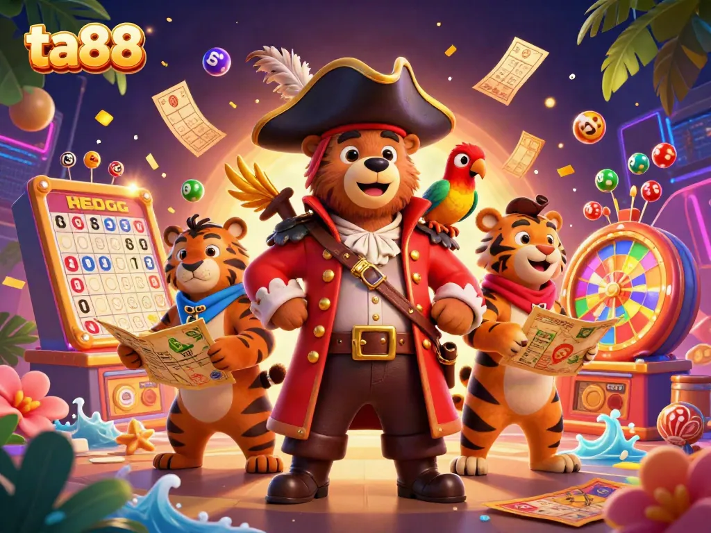 Experience the excitement of ta88 with a vibrant 3D illustration of a pirate bear, tiger, and lottery elements.