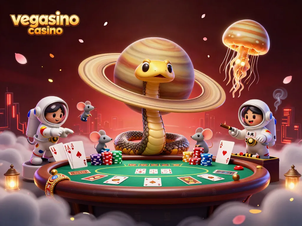 Engage in thrilling bets at vegasino casino with an exciting cosmic scene of roulette action and poker elements.