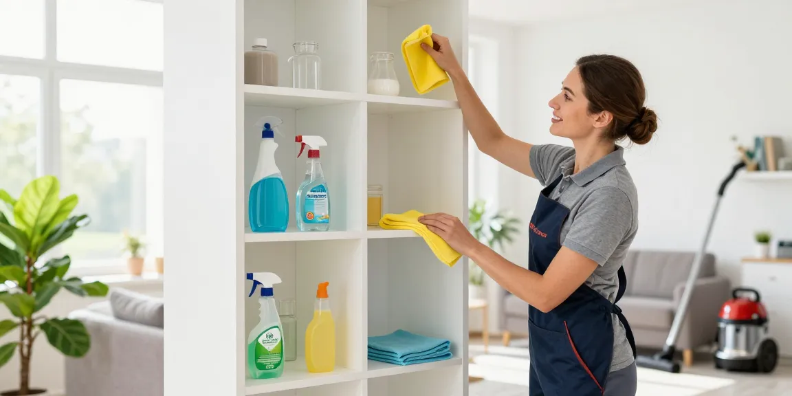 Professional cleaner from reinigungsfirma bern dusting shelves in a bright, clean living room with eco-friendly supplies.