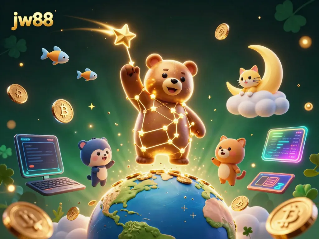 Win big with jw88 as a constellation bear scoops up coins amidst a vibrant, animated casino scene.