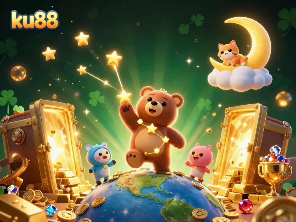 Experience exciting wins at ku88 with a vibrant casino illustration featuring a constellation bear, treasures, and fish.