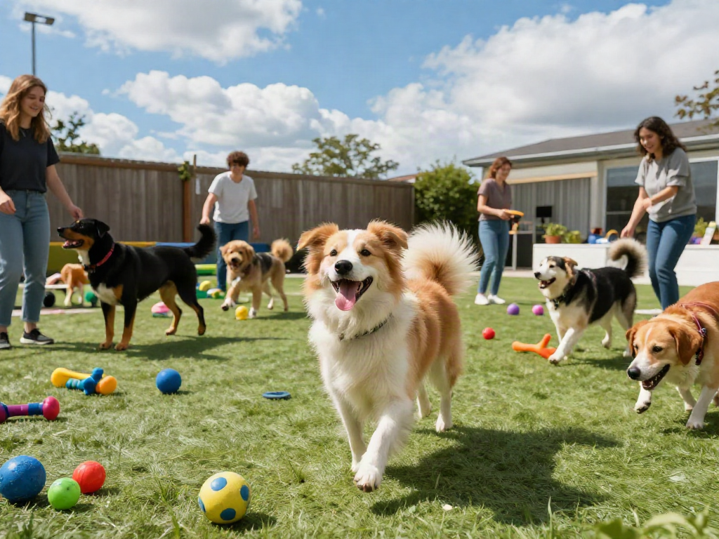slot depo 10k dog daycare with happy dogs playing in a sunny yard