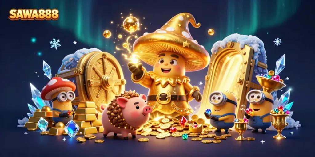 Experience the excitement of SAWA888 with magical characters and treasures in a vibrant casino atmosphere.