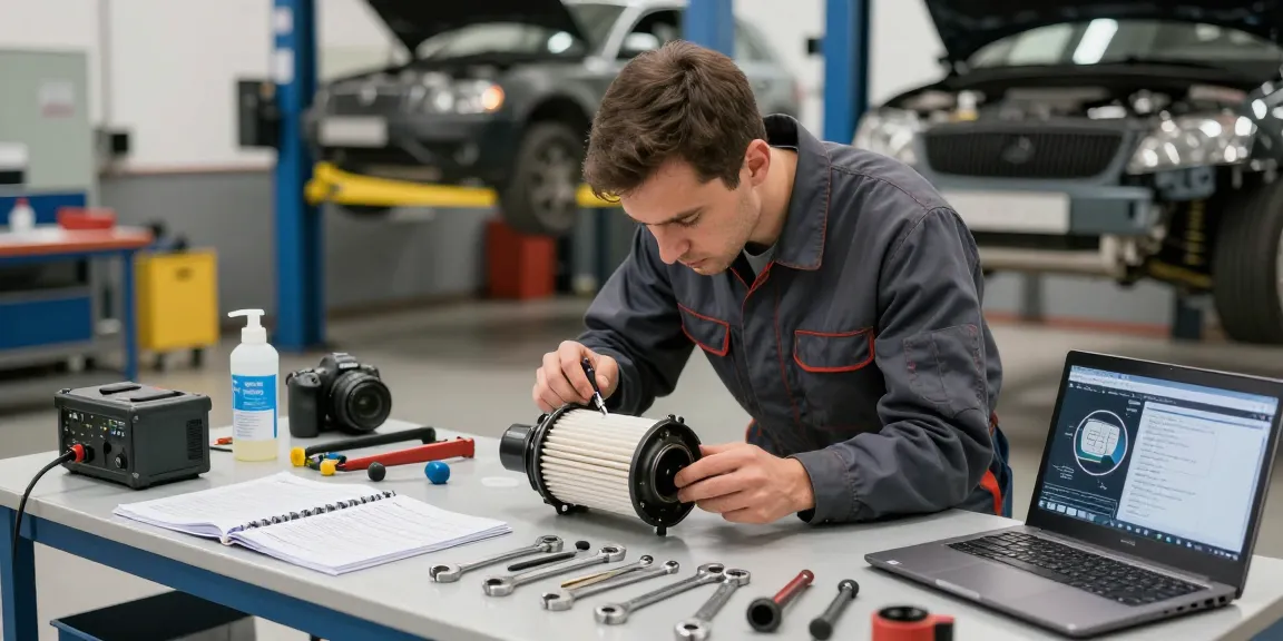 Techniker, der Partikelfilter Reinigen in einer modernen Kfz-Werkstatt durchführt