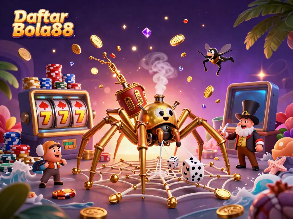 Catch exciting jackpots with Daftar Bola88's dynamic slot machine reels and vibrant casino illustrations.