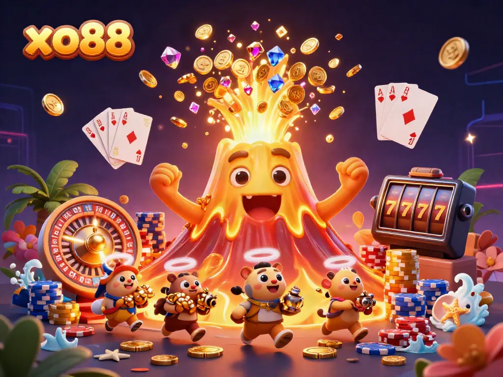 Experience the thrilling world of xo88 with a volcano erupting coins and gems amid dynamic casino elements.