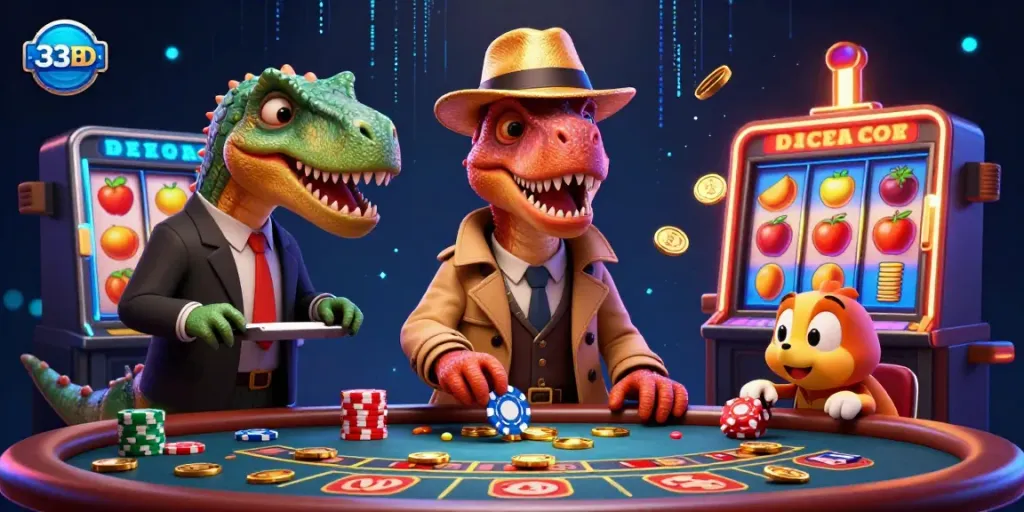 Engage with vibrant 33BD casino action featuring a velociraptor at a blackjack table.